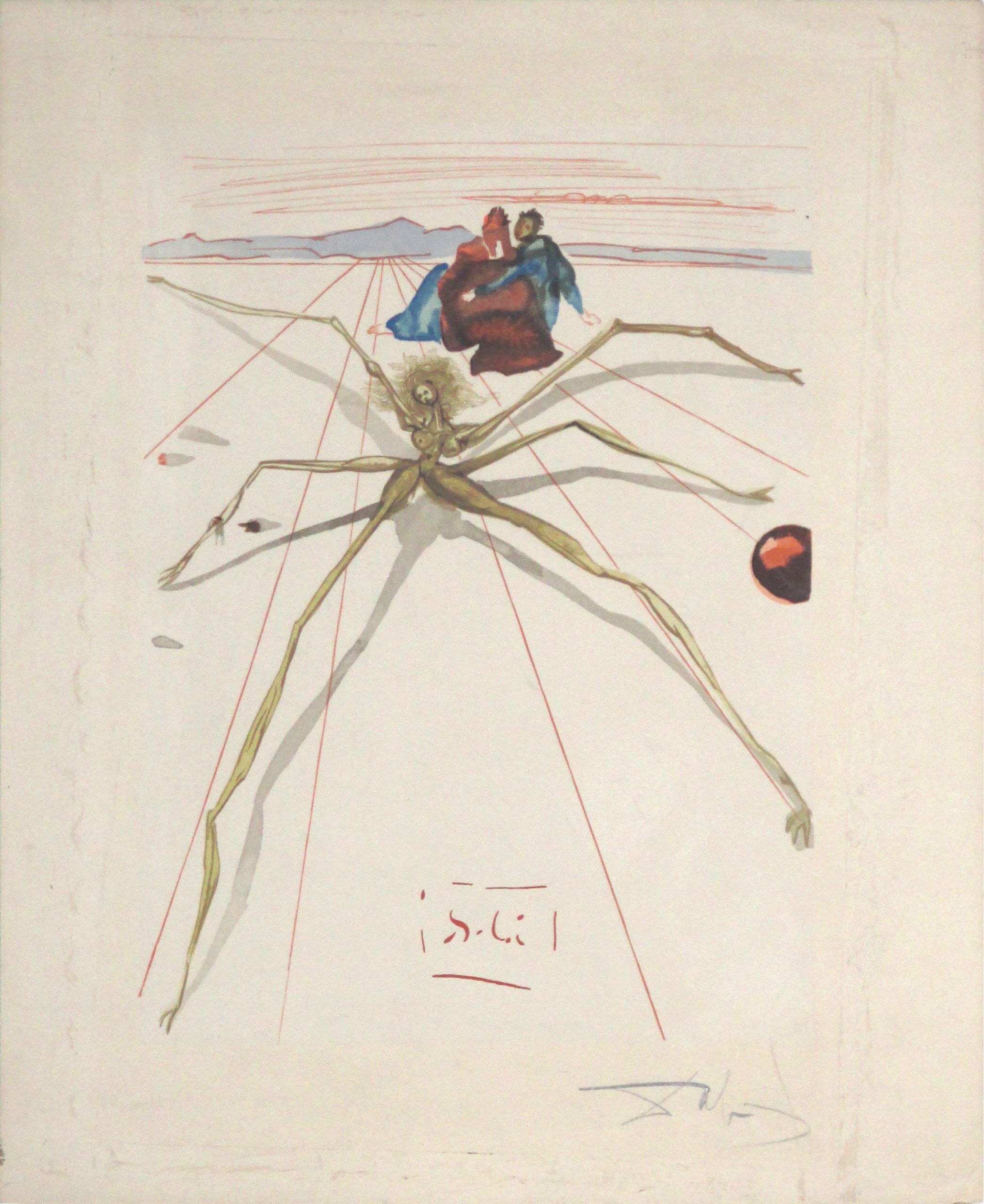 Salvador Dali' (Figueres SP 1904 - 1989) "Donna ragno" litografia a colori, cm. 25 x 18