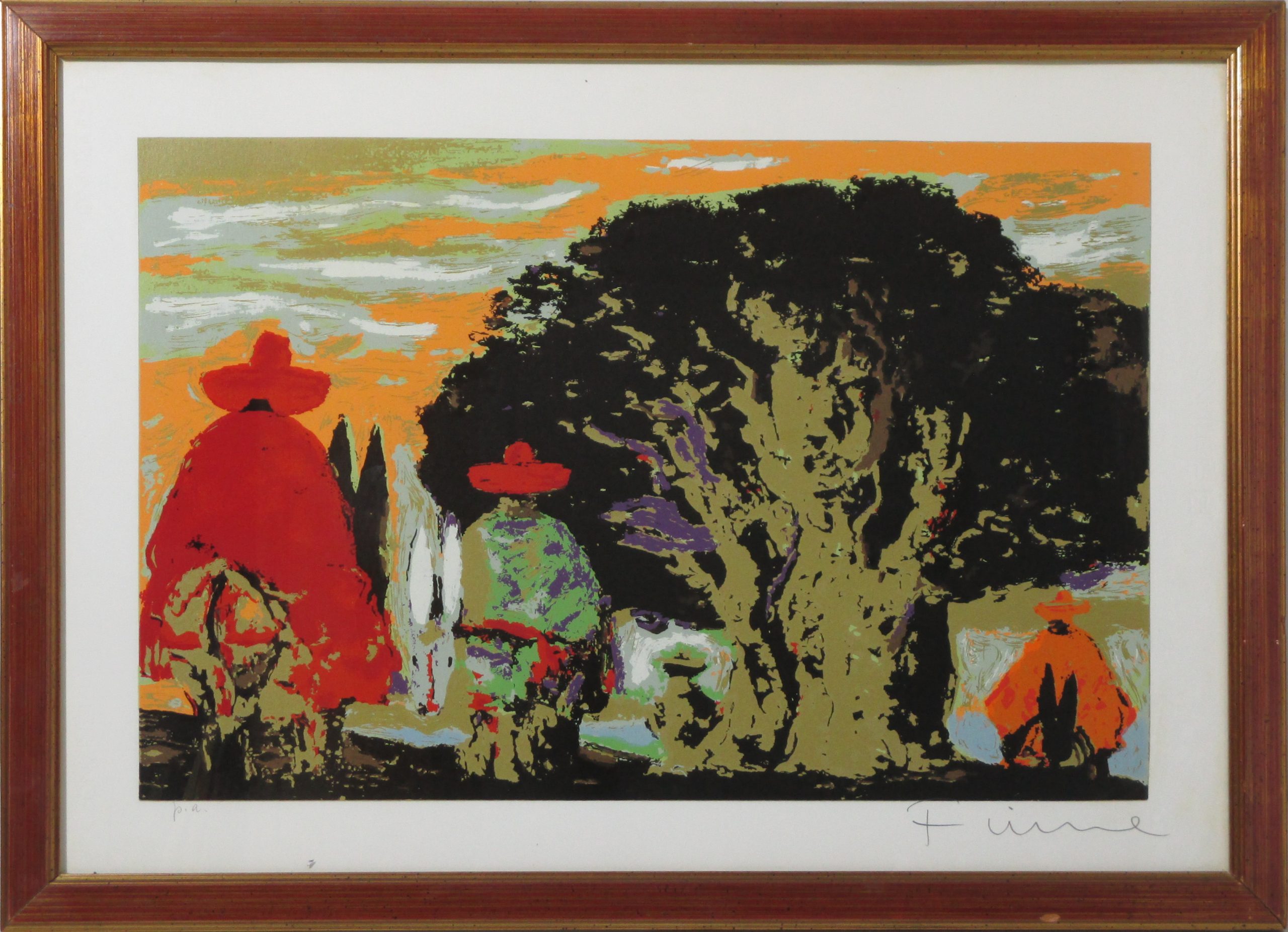 Salvatore Fiume (Comiso 1915 - Milano 1997) "Paesaggio con persone con sombreri"P.A. litografia a colori, cm. 40 x 60