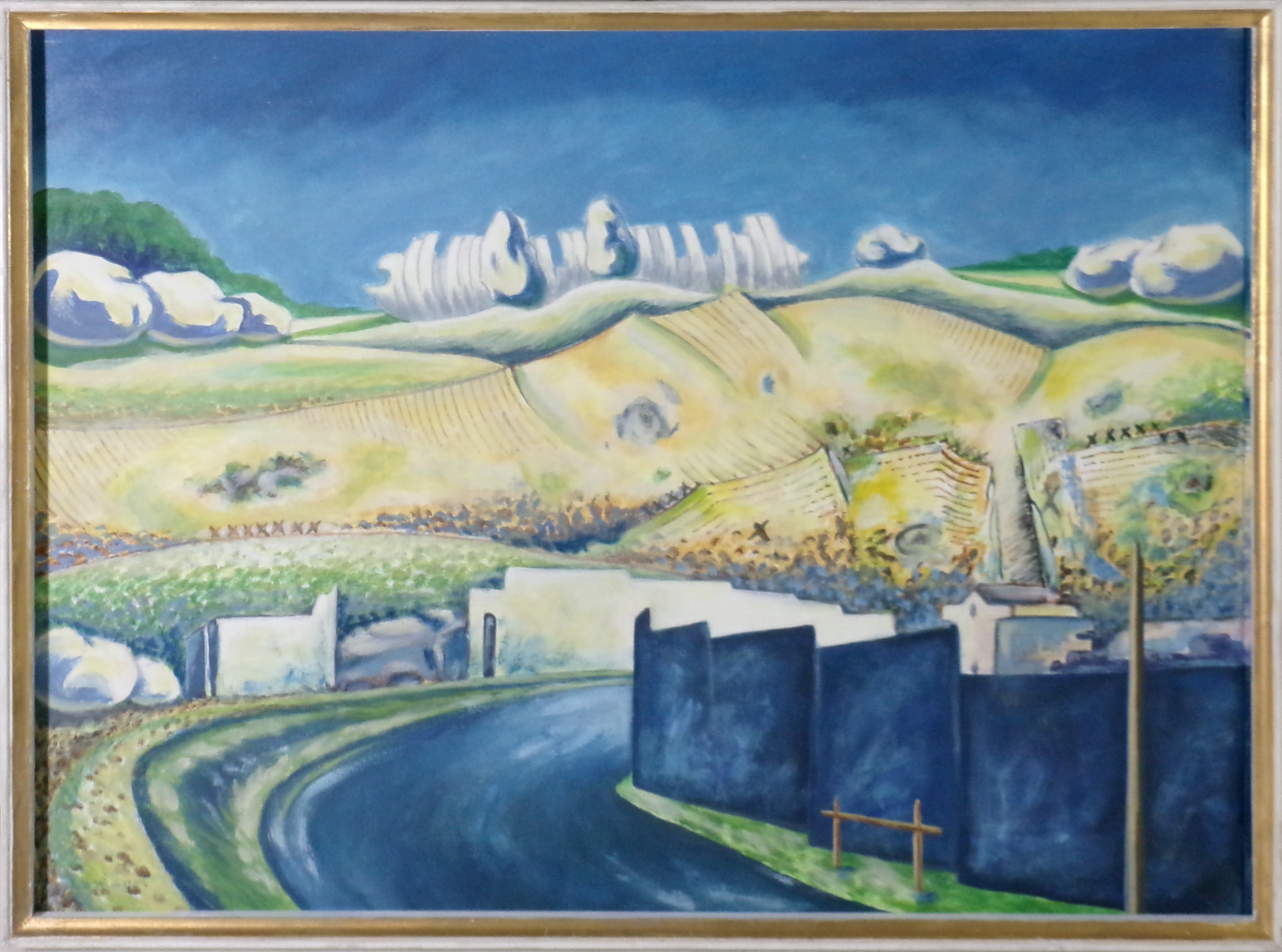 Claudio Cerni-goi (Trieste 1929 - 1998) "Paesaggio con divieti e cemento" 1989, olio su tela, cm. 51,5 x 70