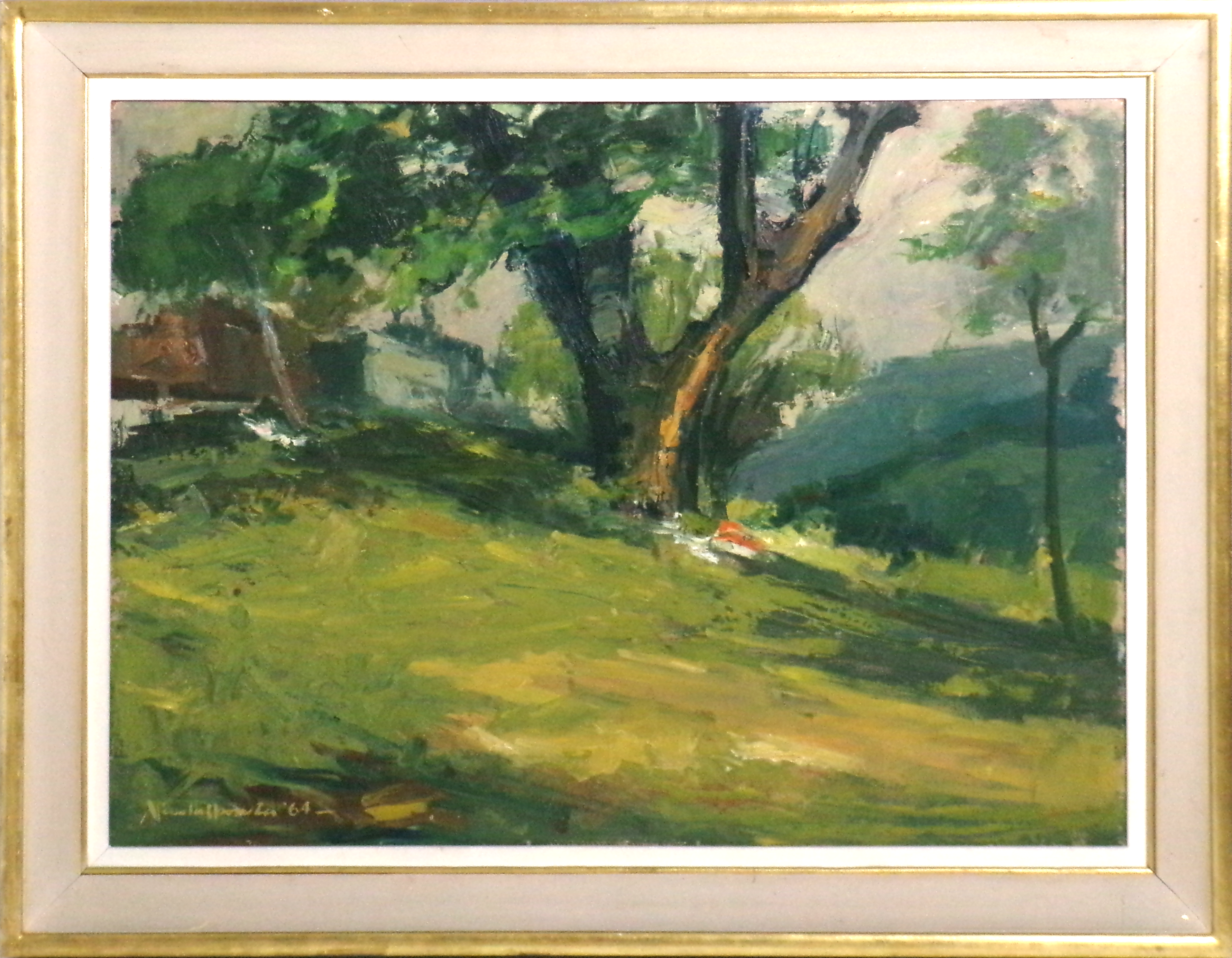 Nicola Sponza (Corfù 1914 - Trieste 1996) "Alberi a Contovello" 1964, olio su compensato, cm. 59,4 x 79,5