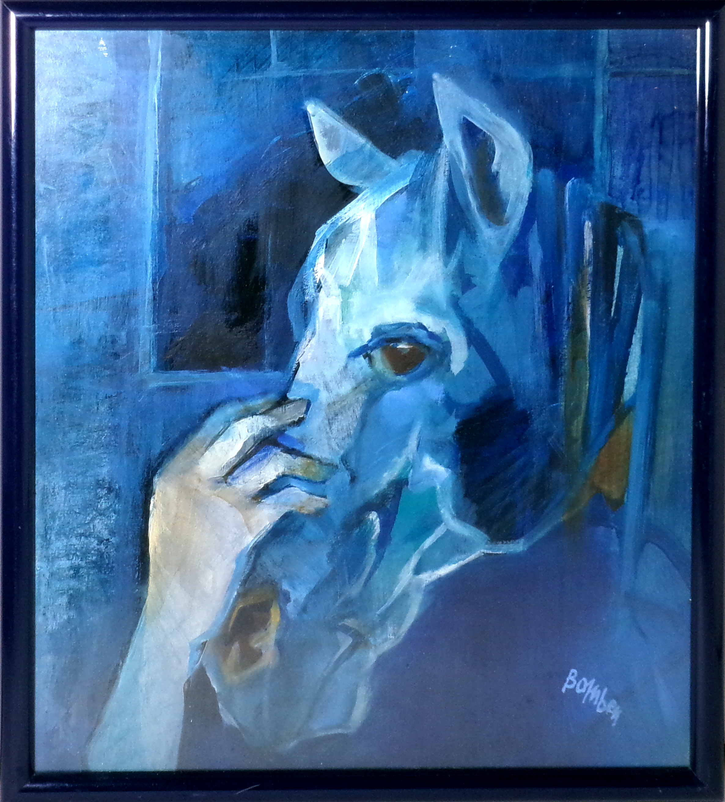 Ottavio Bomben Carezza al cavallo blu tecnica mista su carta, cm.45,5 x 38,8