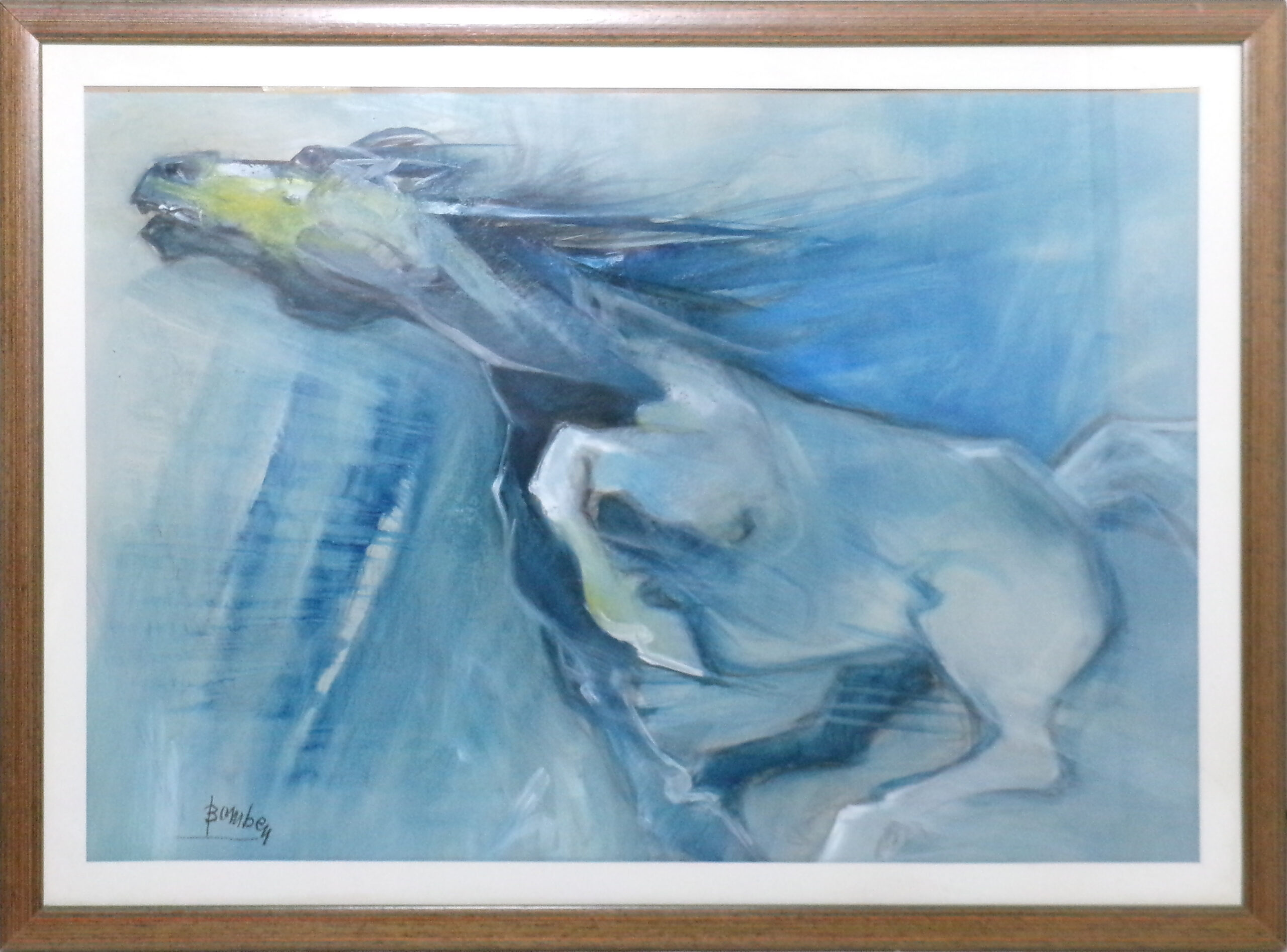 Ottavio Bomben (Roveredo in Piano PN 1925 - Trieste 2005) "Cavallo in azzurro al galoppo" 1989, tecnica mista su carta, cm. 46 x 66