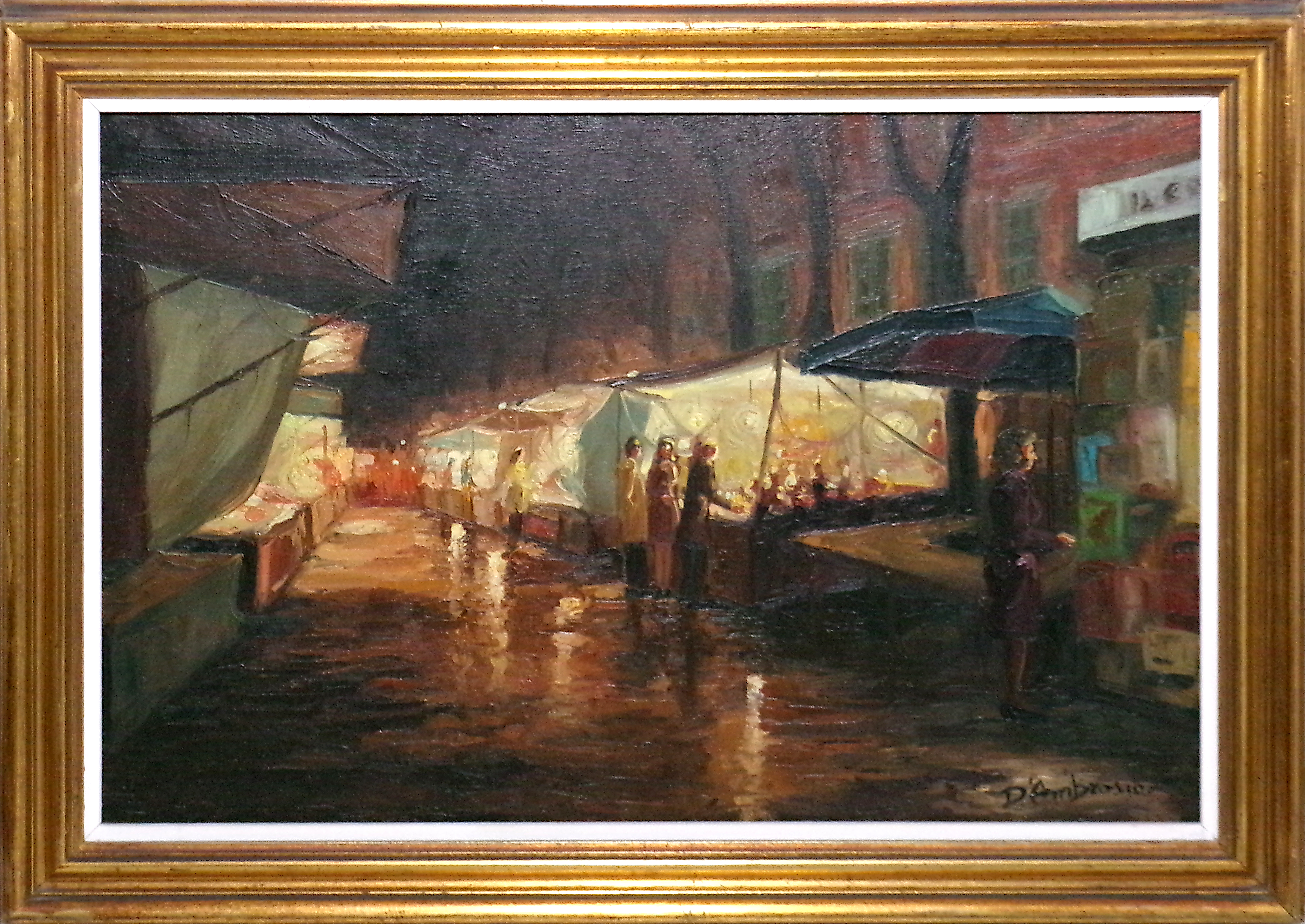 Roberto D'Ambrosio (Campagna SA 1947) "Fiera di S. Nicolò di sera a Trieste" olio su tela, cm. 37,2 x 57