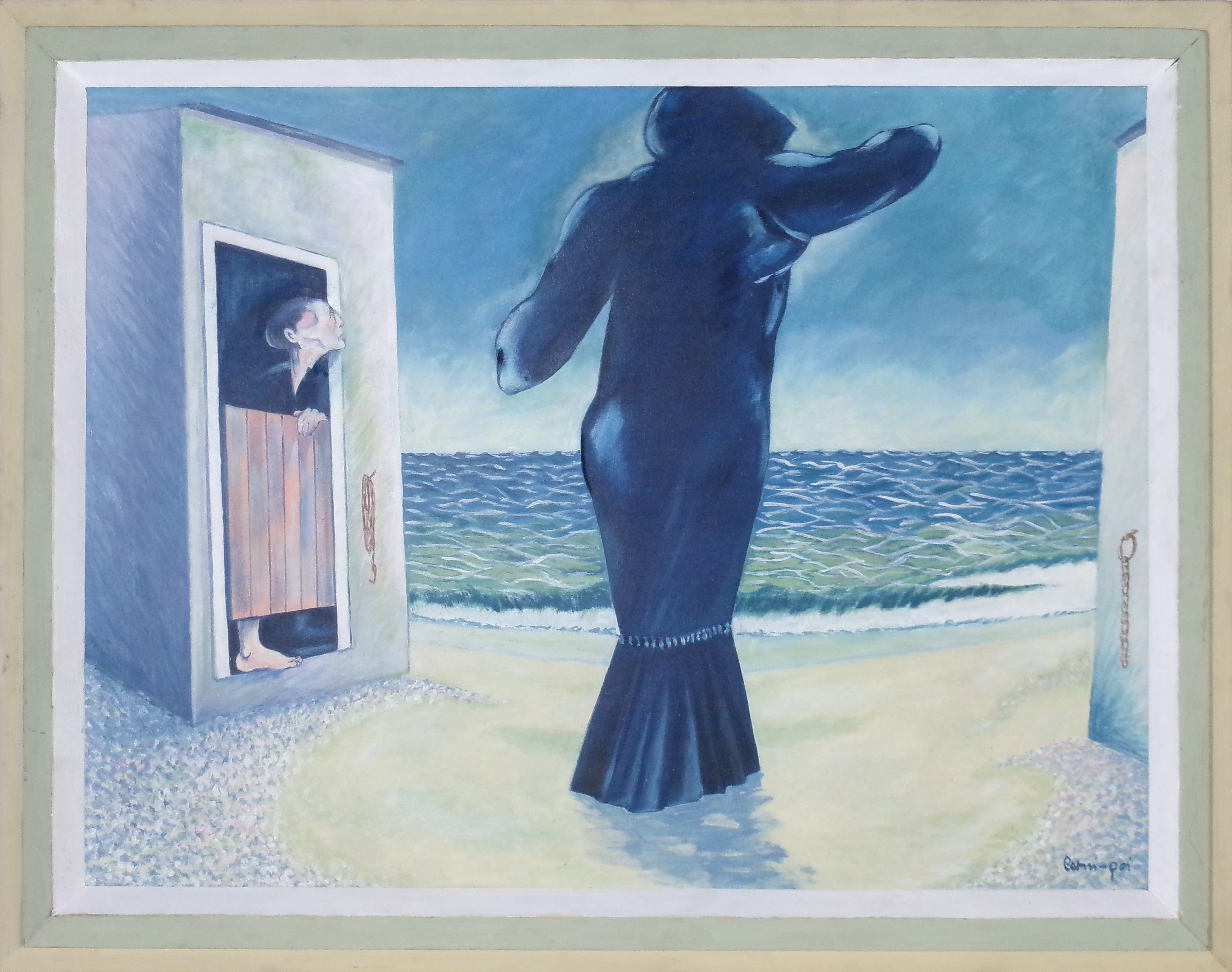 Claudio Cerni-goi (Trieste 1929 - 1998) "Donna mistero in blu" 1992, olio su tela, cm.58,5 x 77,5