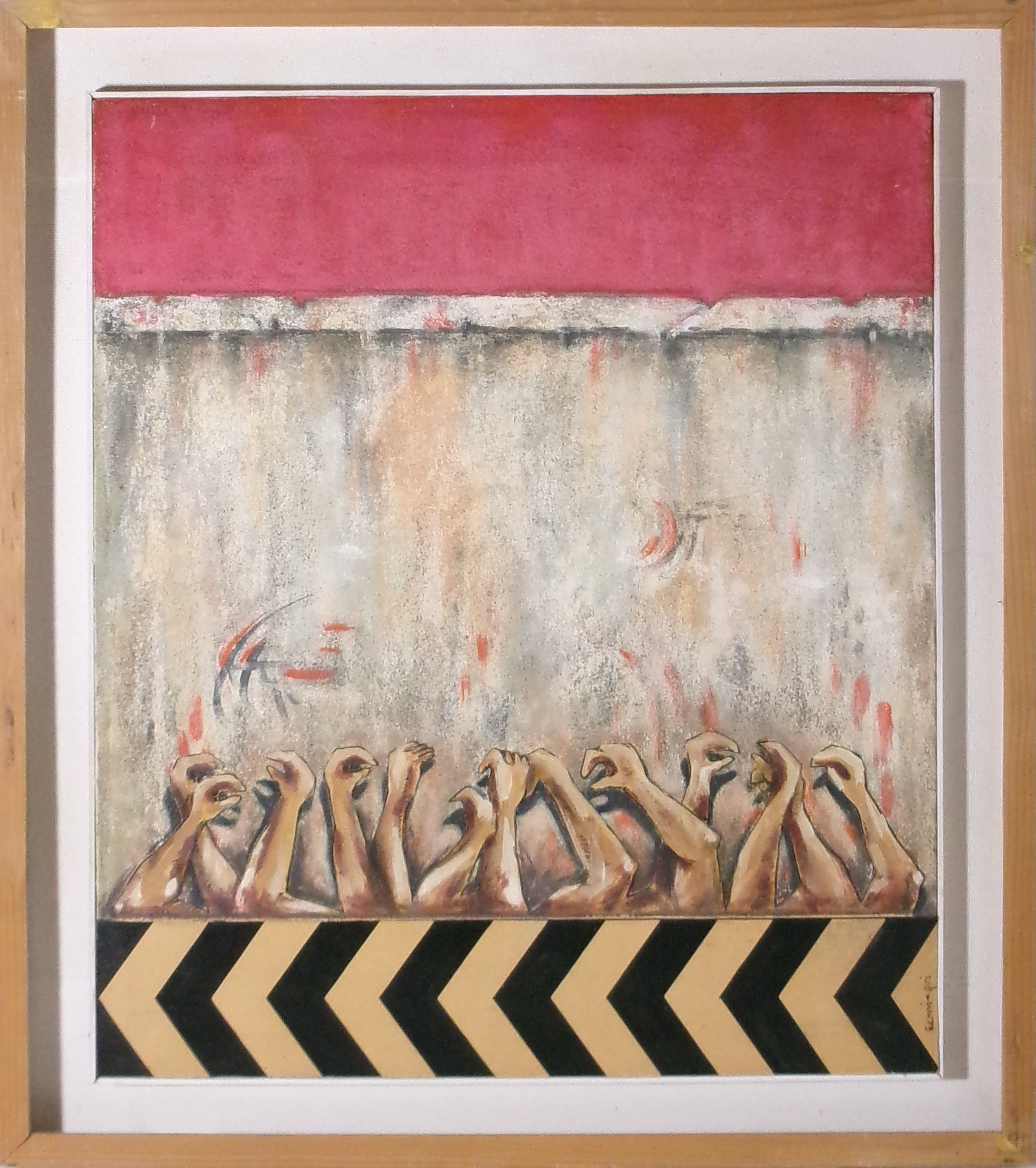 Claudio Cerni-goi (Trieste 1929 - 1998) "Manifestazione" 1974, olio e collage su tela sabbiata, cm. 69 x 50