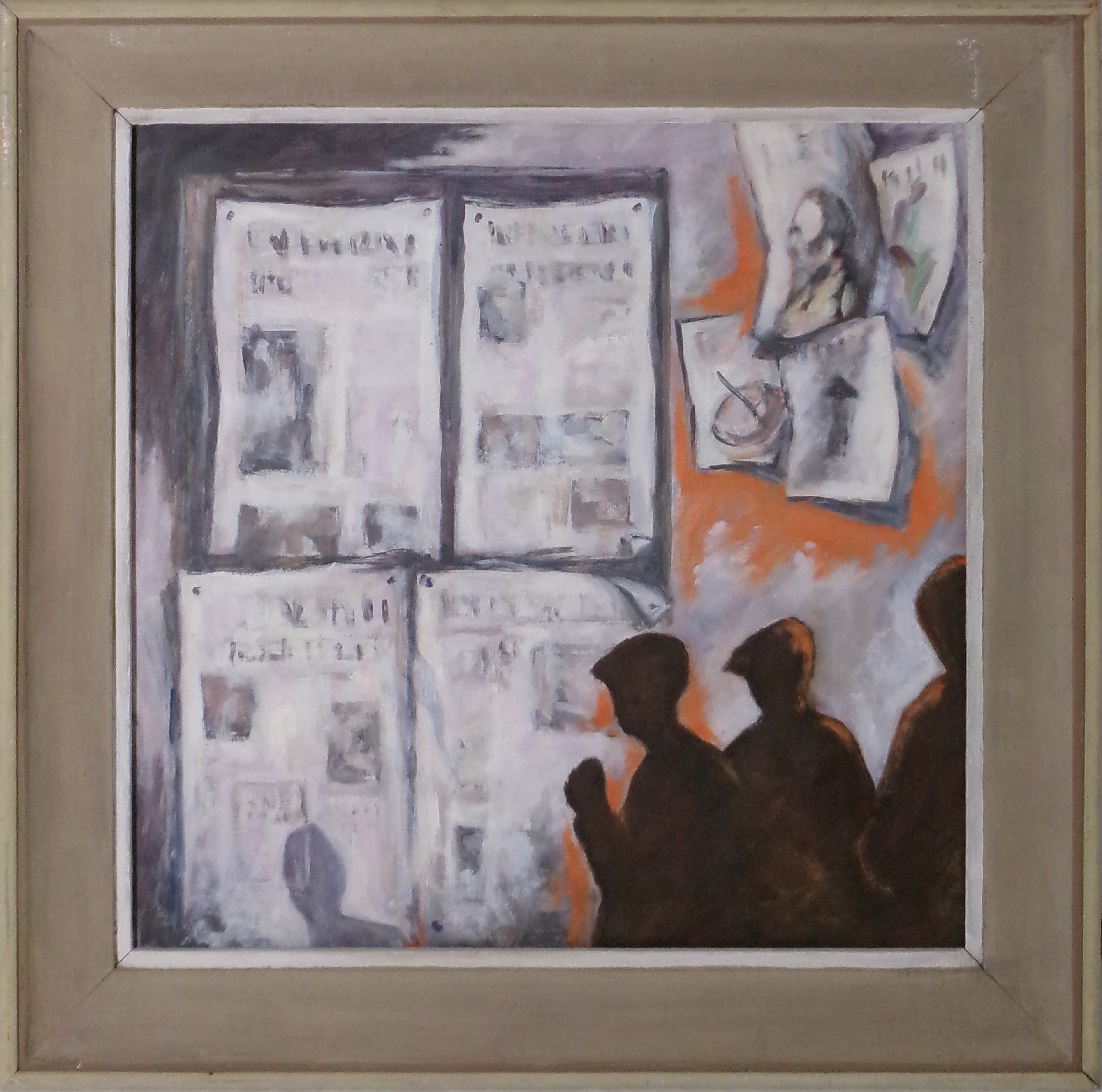 Claudio Cerni-goi (Trieste 1929 - 1998) "Ultime notizie" 1982, olio su faesite, cm. 48,5 x 48,5