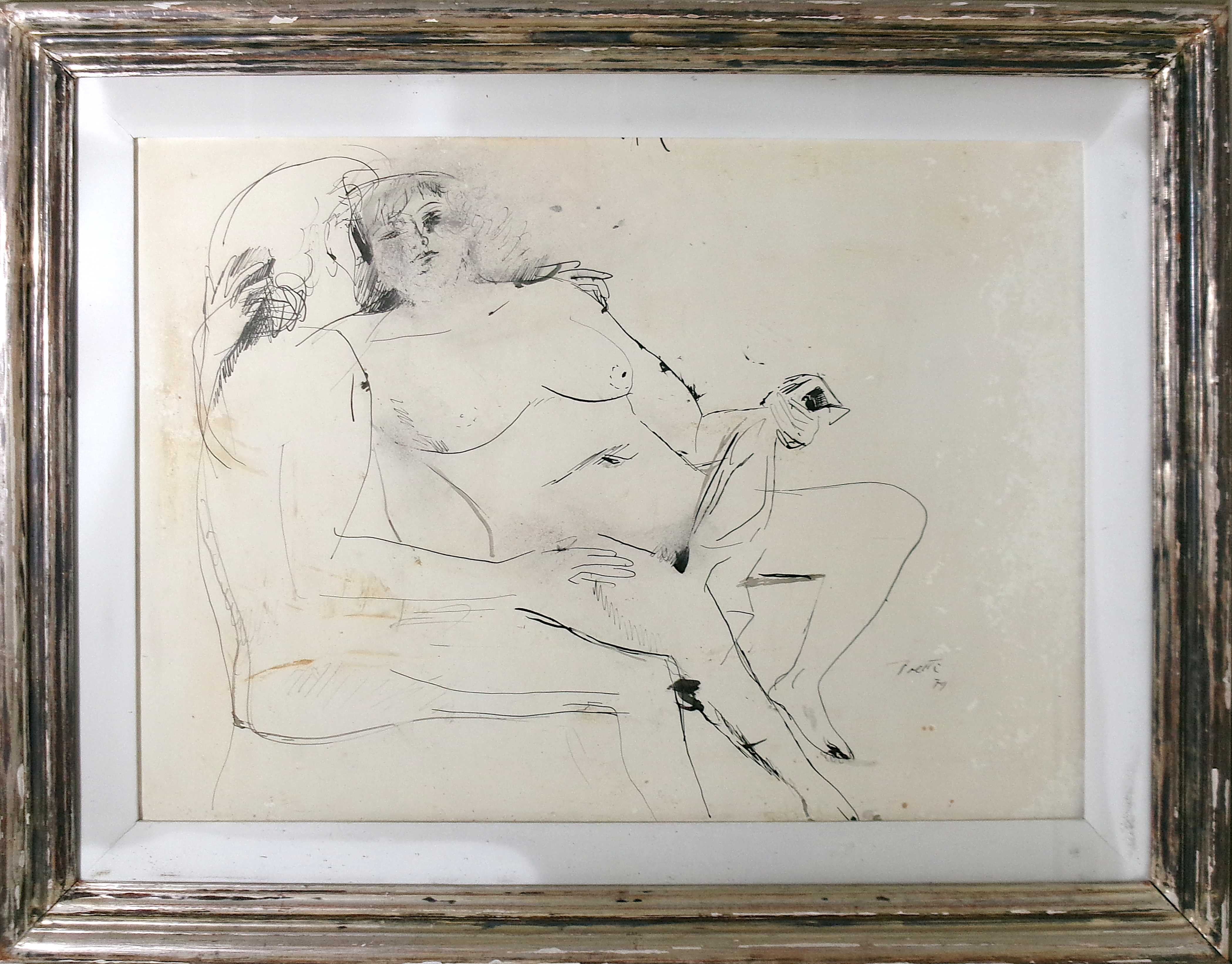 Bruno Saetti (Bologna 1902 - 1984) "Intimità" 1979, tecnica mista su carta, cm. 49 x 69