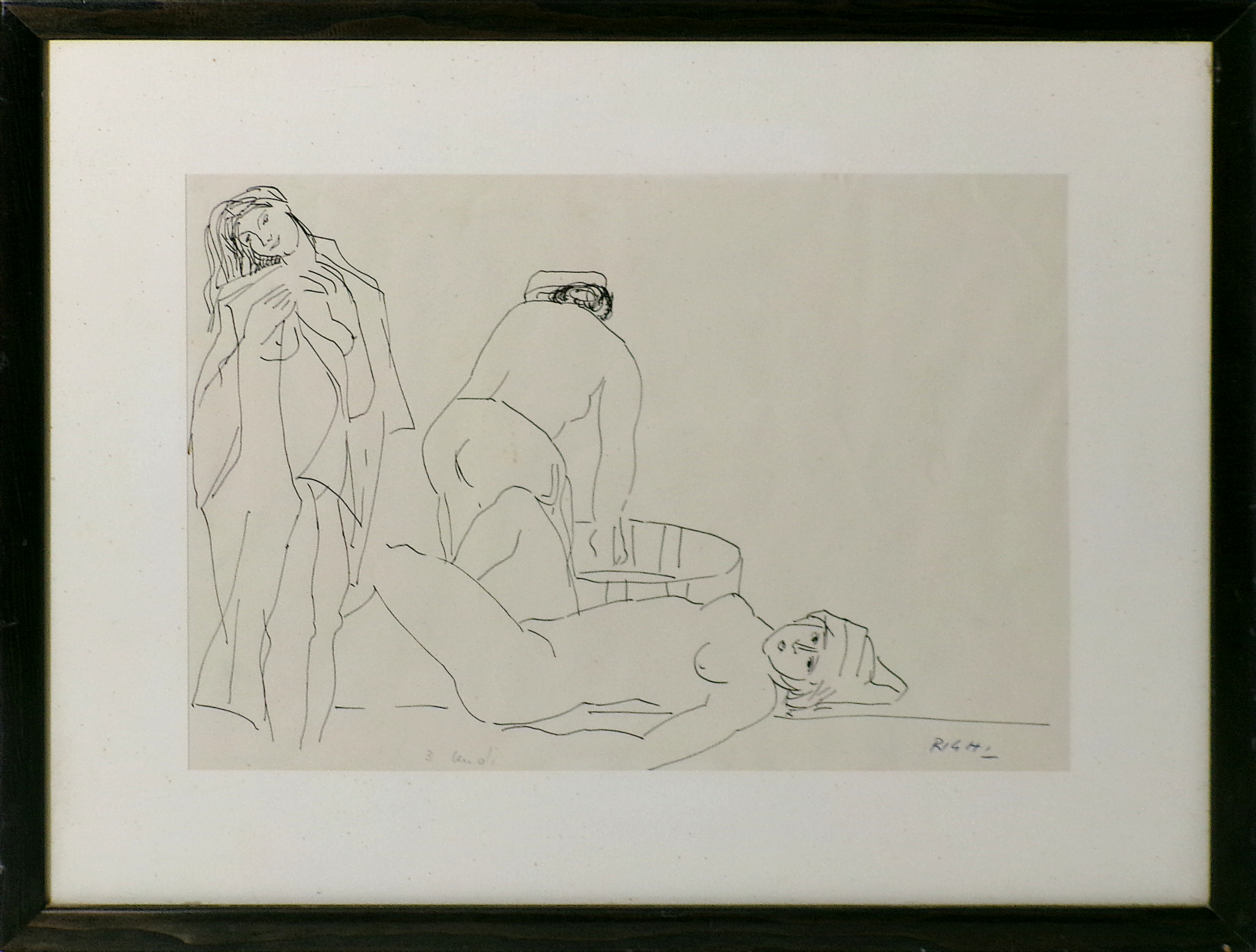 Federico Righi (Trieste 1908 - 1987) "Tre nudi" disegno a china su carta, cm. 20,5 x 28