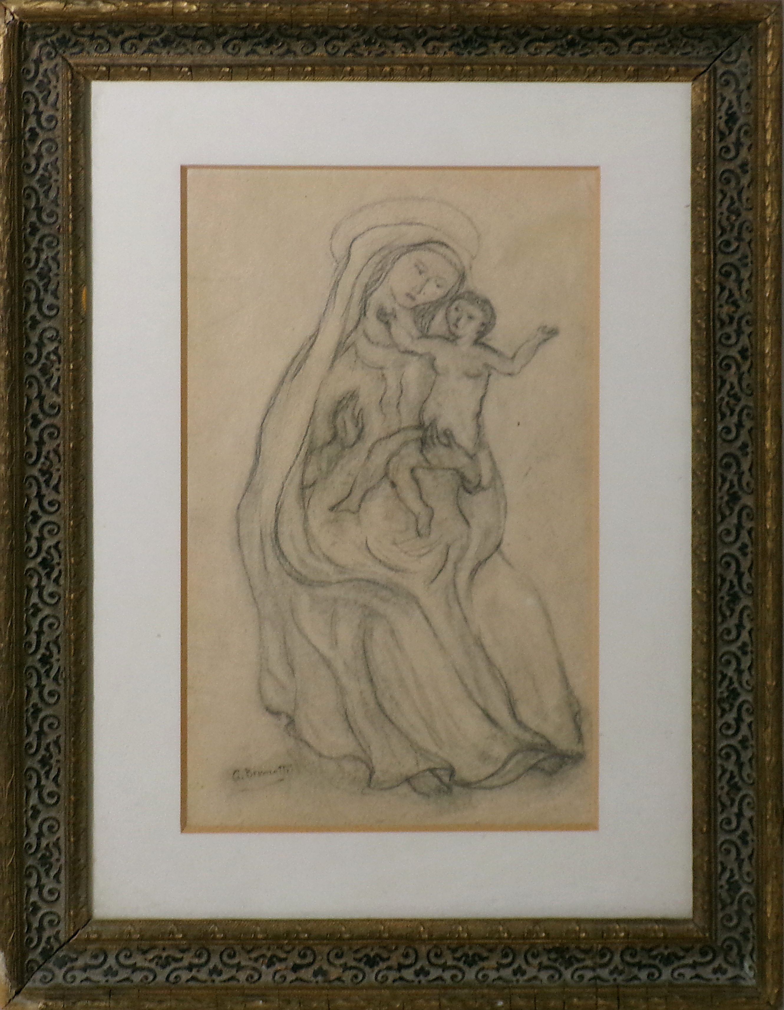 Gianni Brumatti (Trieste 1901 - 1980) "Madonna con bambino" disegno a matita su carta, cm. 27 x 16