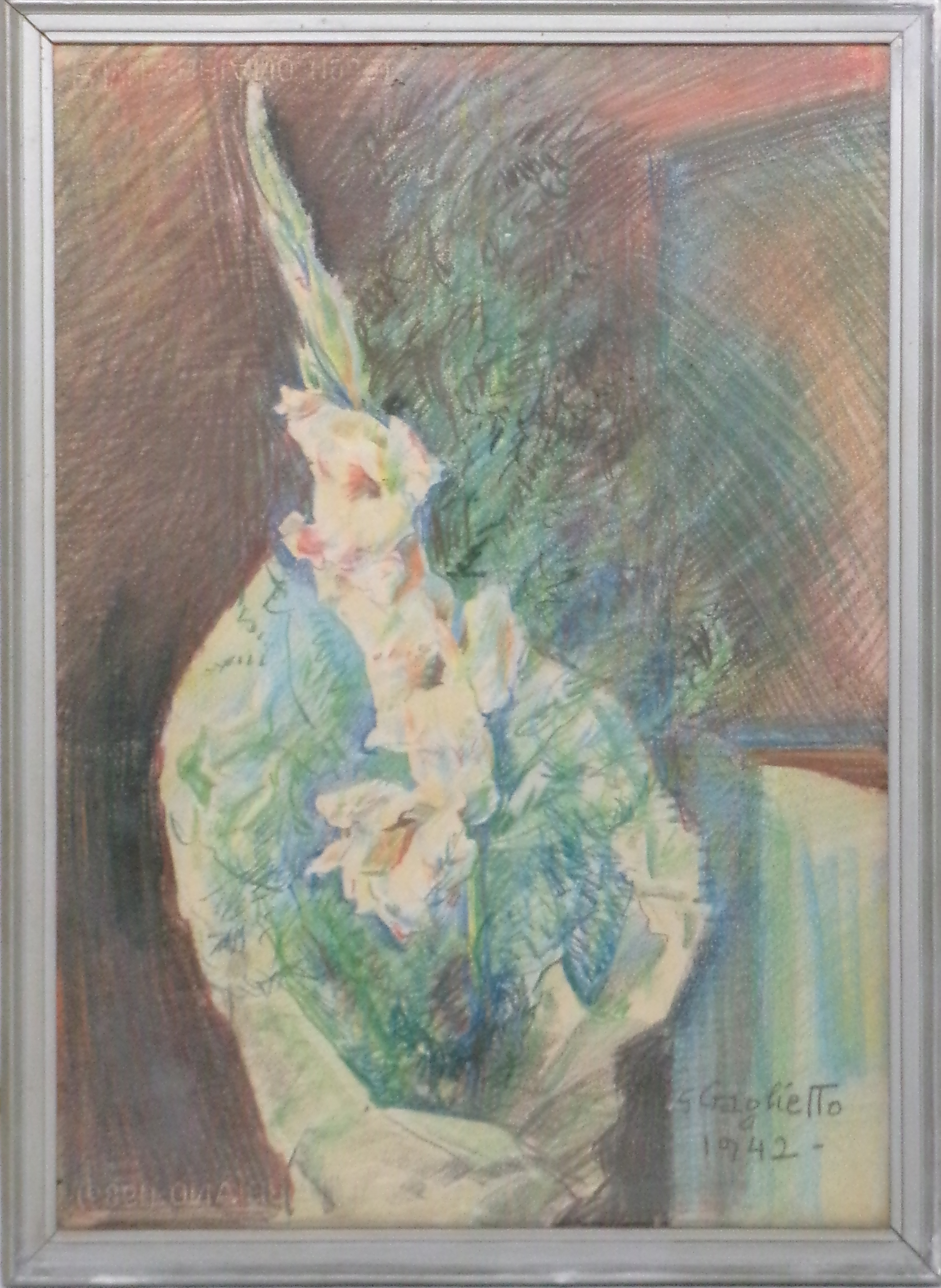 Giovanni Craglietto (Verteneglio d'Istria 1889 - Trieste 1975) "Gladioli" 1942, con matite colorate, cm. 47 x 31,5