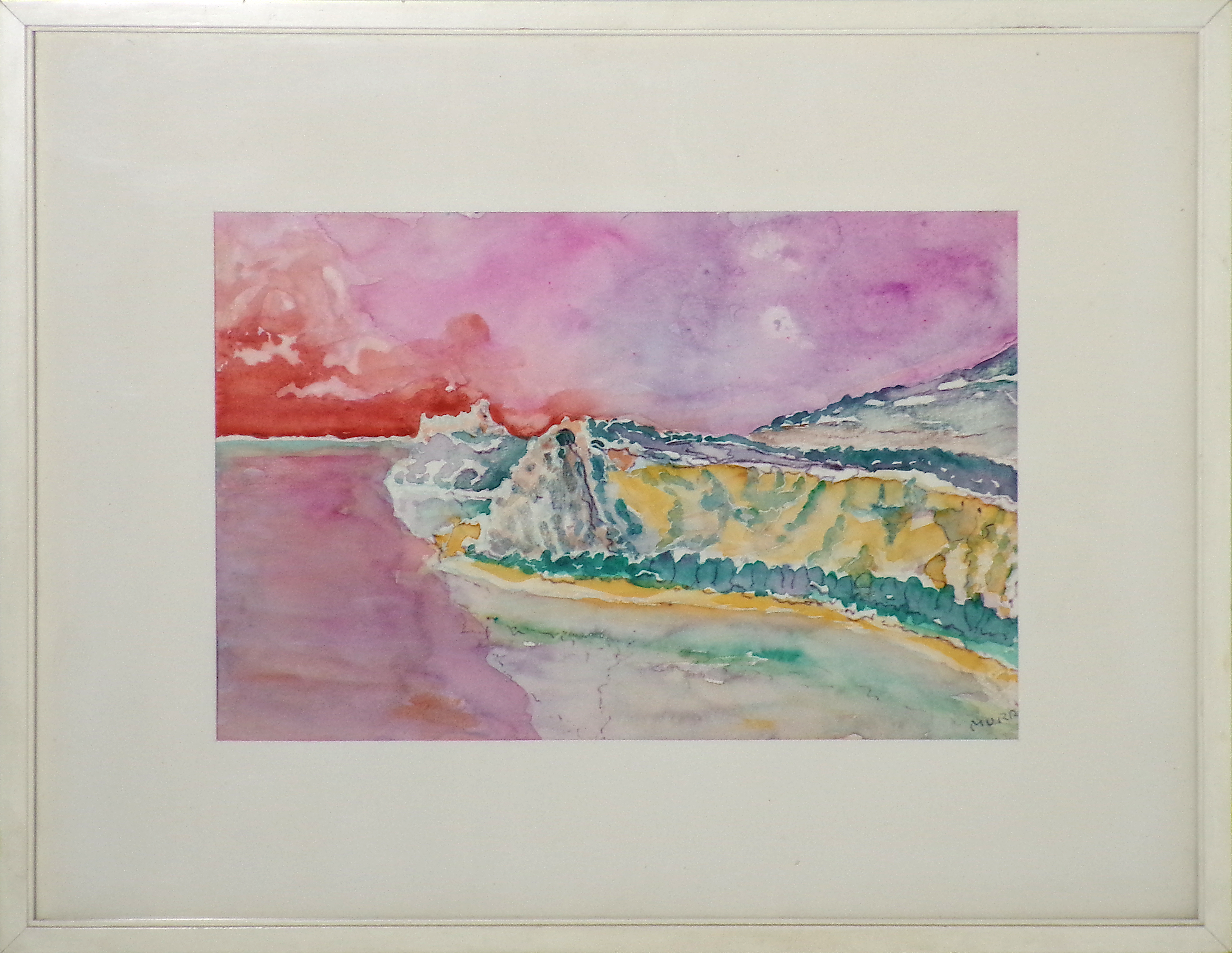 Mario Murri "Paesaggio rosa", acquerello su cartoncino, cm. 19,5 x 29,2