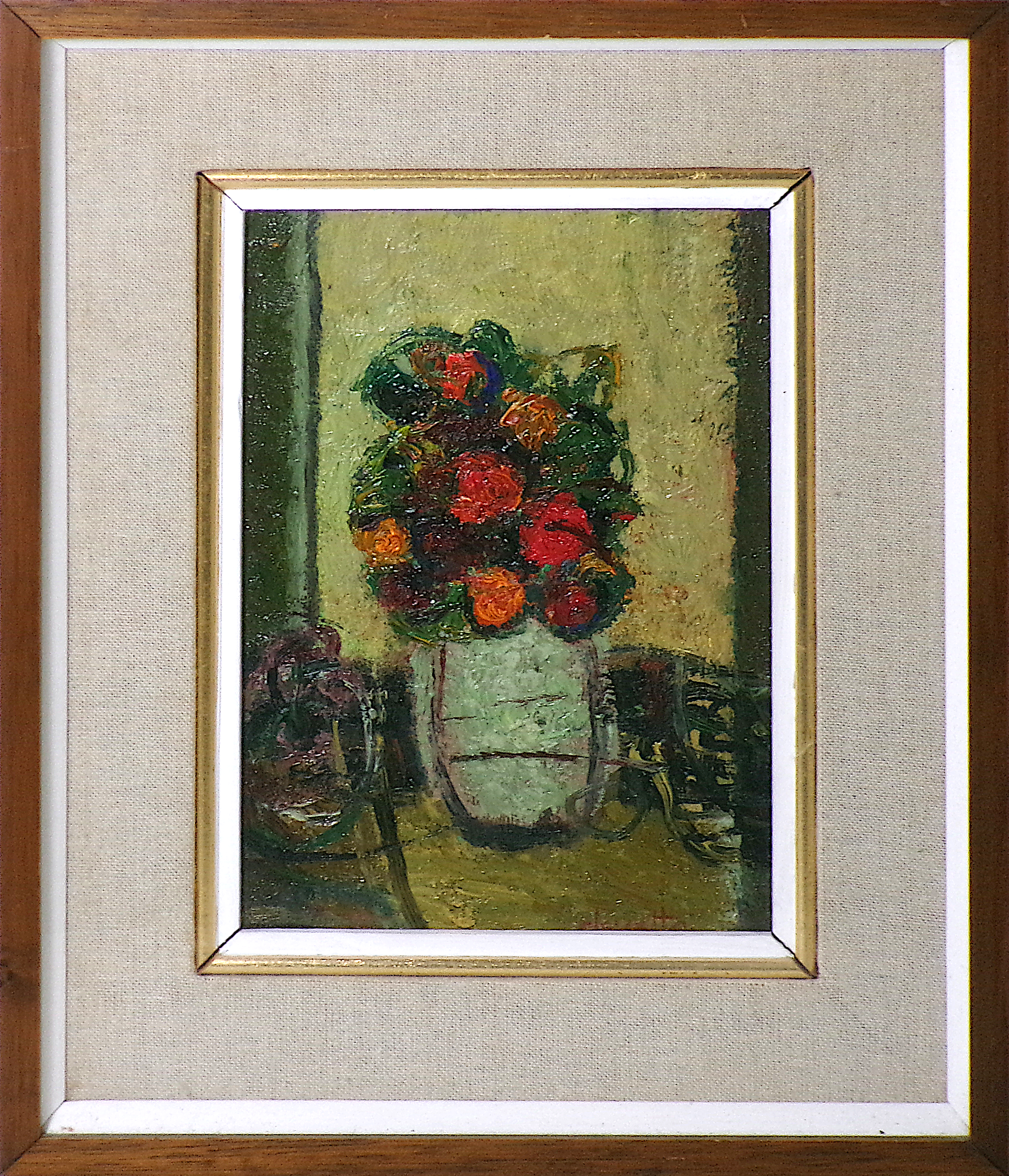 Edoardo Devetta (Trieste 1912 - 1993) "Vaso di fiori" con dedica, olio su tavola, cm. 46 x 22