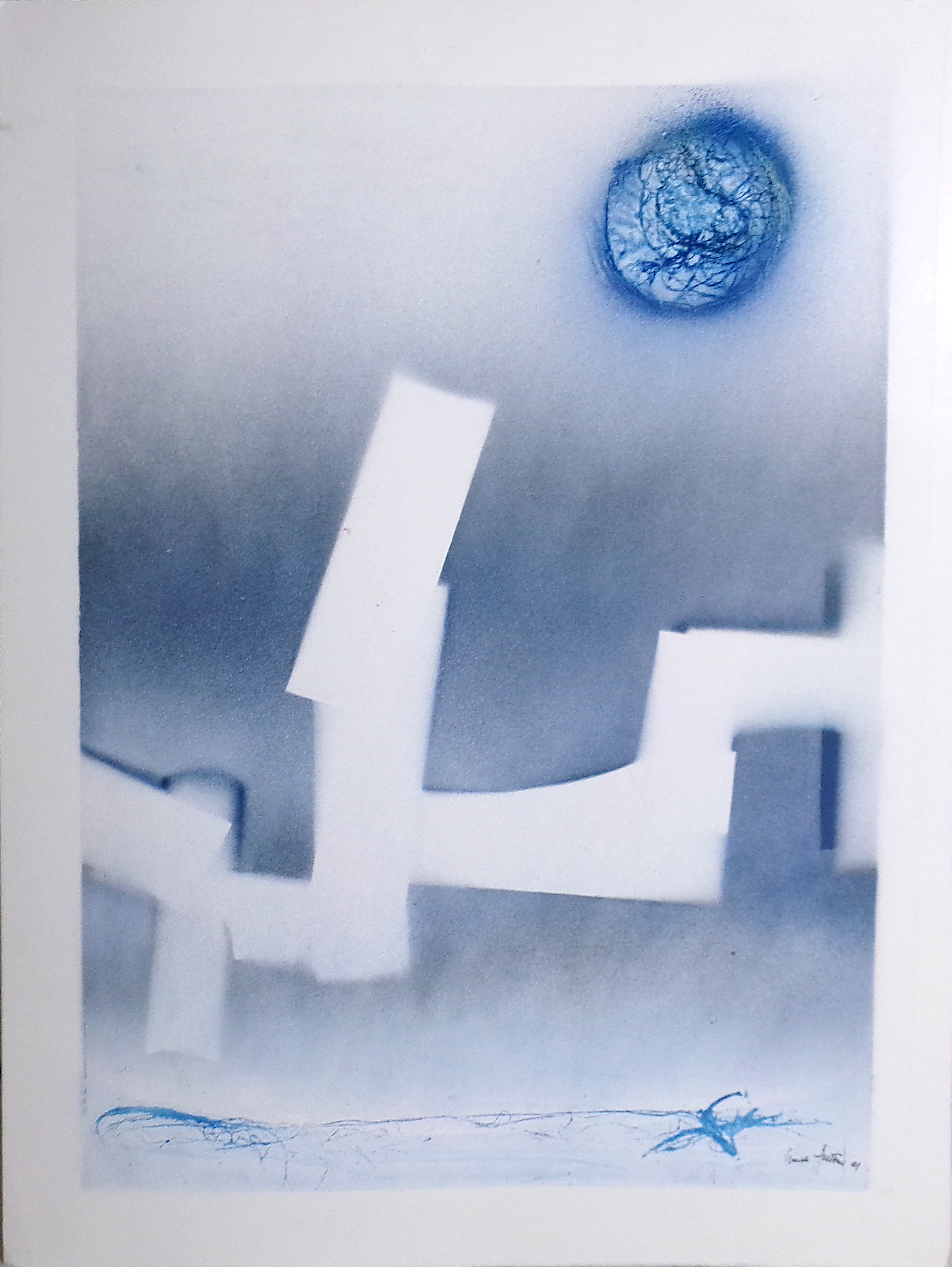 Guido Antoni (Trieste 1919 - Muggia TS 2007) " Composizione astratta, pianeta azzurro" 2001, tecnica mista su cartoncino, cm. 70 x 50