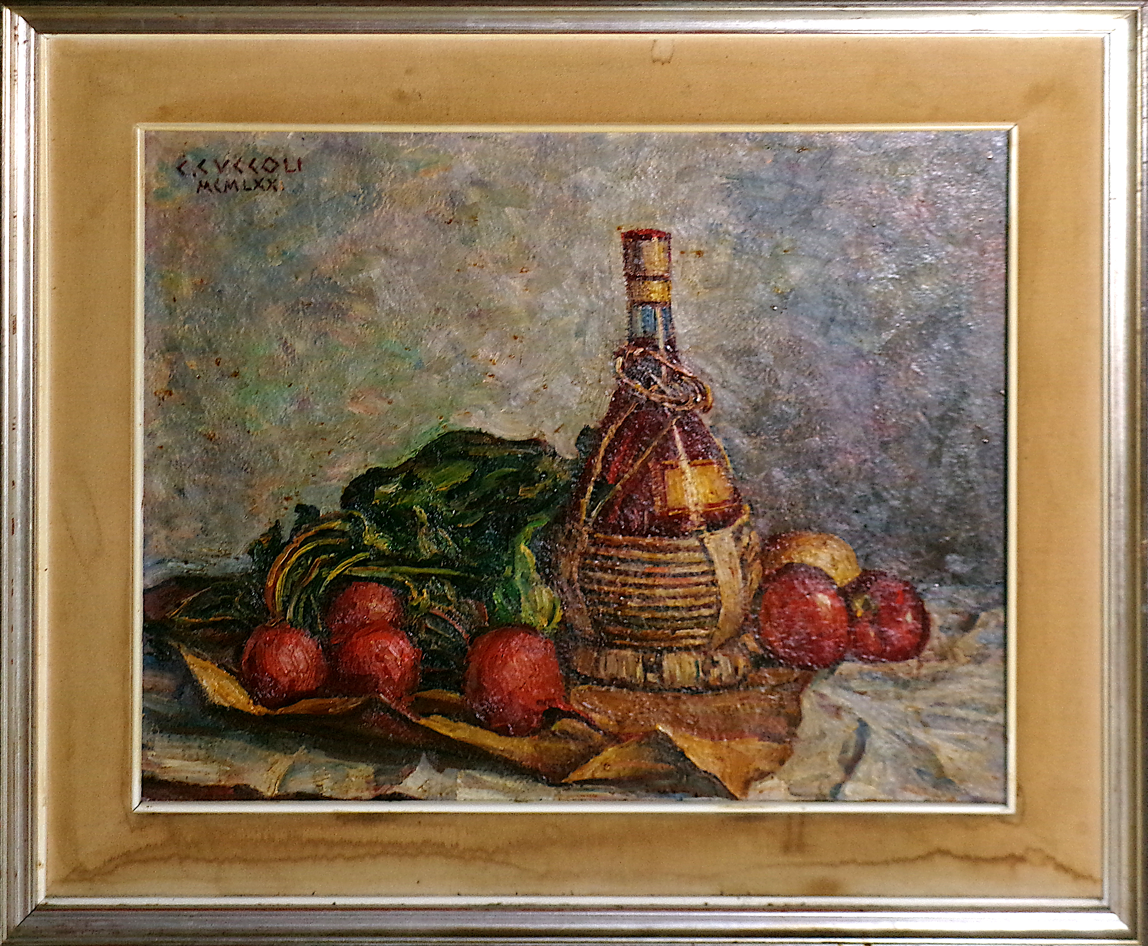 Cesare Cuccoli (Trieste 1895 - 1978 ) "Natura morta con fiascone e frutta" MCMLXX, olio su compensato, cm. 50 x 60