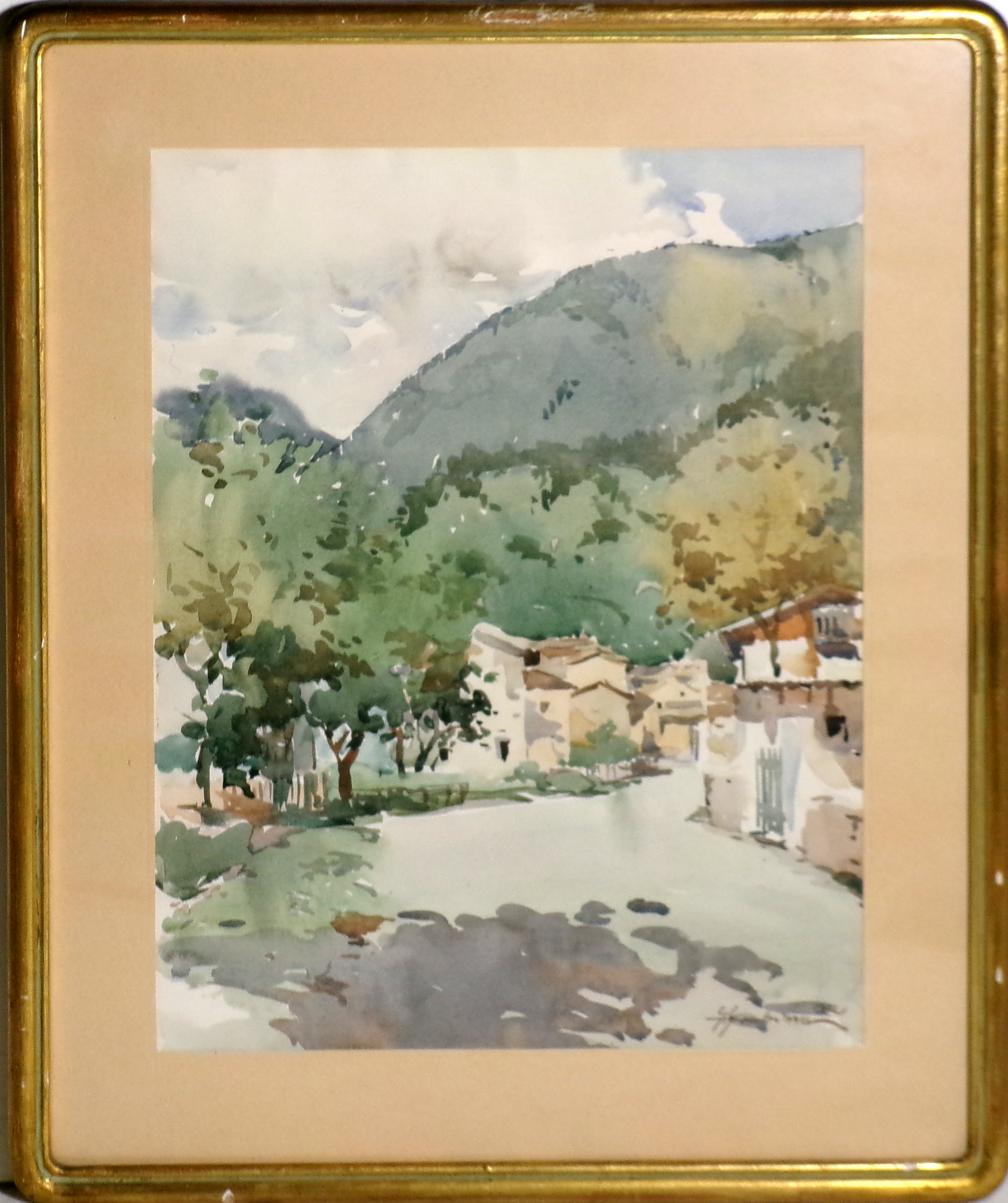 Guglielmo Grubissa (Pola 1908 - Trieste 1983) "Villaggio ai piedi del monte" 1952, acquerello su carta, cm. 39,8 x 30